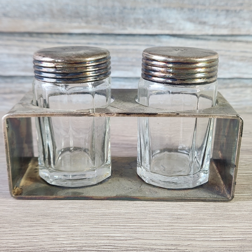 Vintage GERO Glass Salt and Pepper Shakers with Metal Lids and Metal Holder